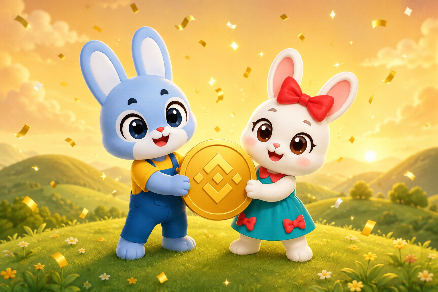 MAX and Lily sharing a golden BNB coin on a sunny hillside.