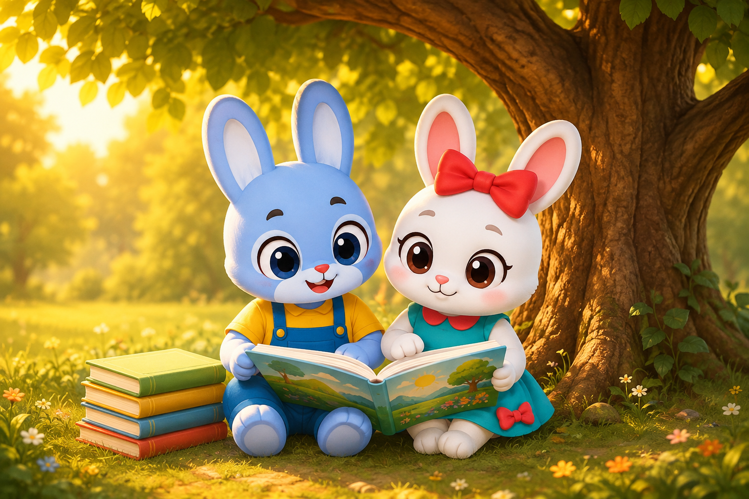 MAX and Lily sharing a picture book beneath a tree in the golden afternoon light.