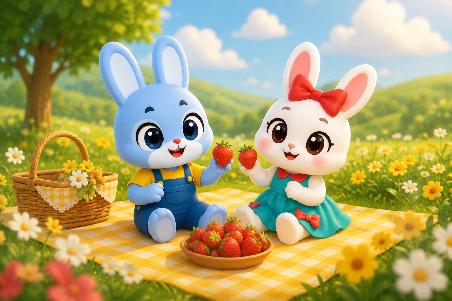 MAX and Lily enjoying strawberries on a sunny meadow picnic.